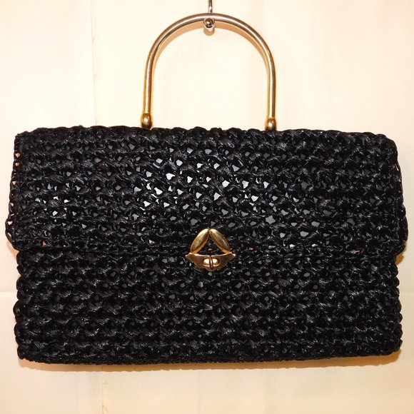 Italy Handbags - Made In Italy Woven Black Handbag 100% Visca With Gold Tone Handle Vintage